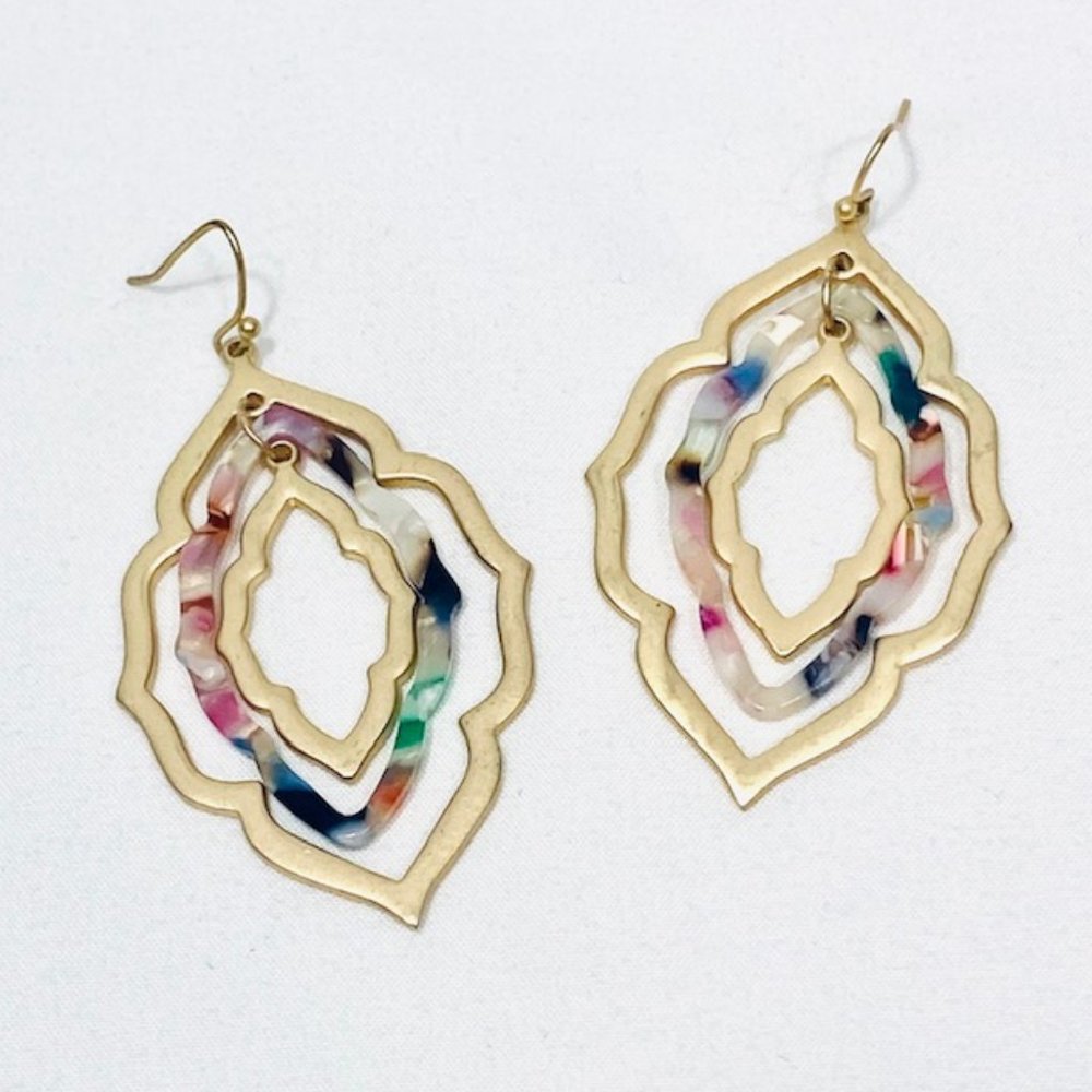 Quatrefoil Three Part Goldtone & Acrylic Earrings